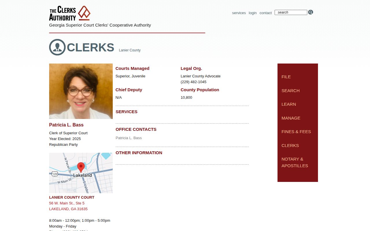 Official Lanier County Superior Court clerk contact listing