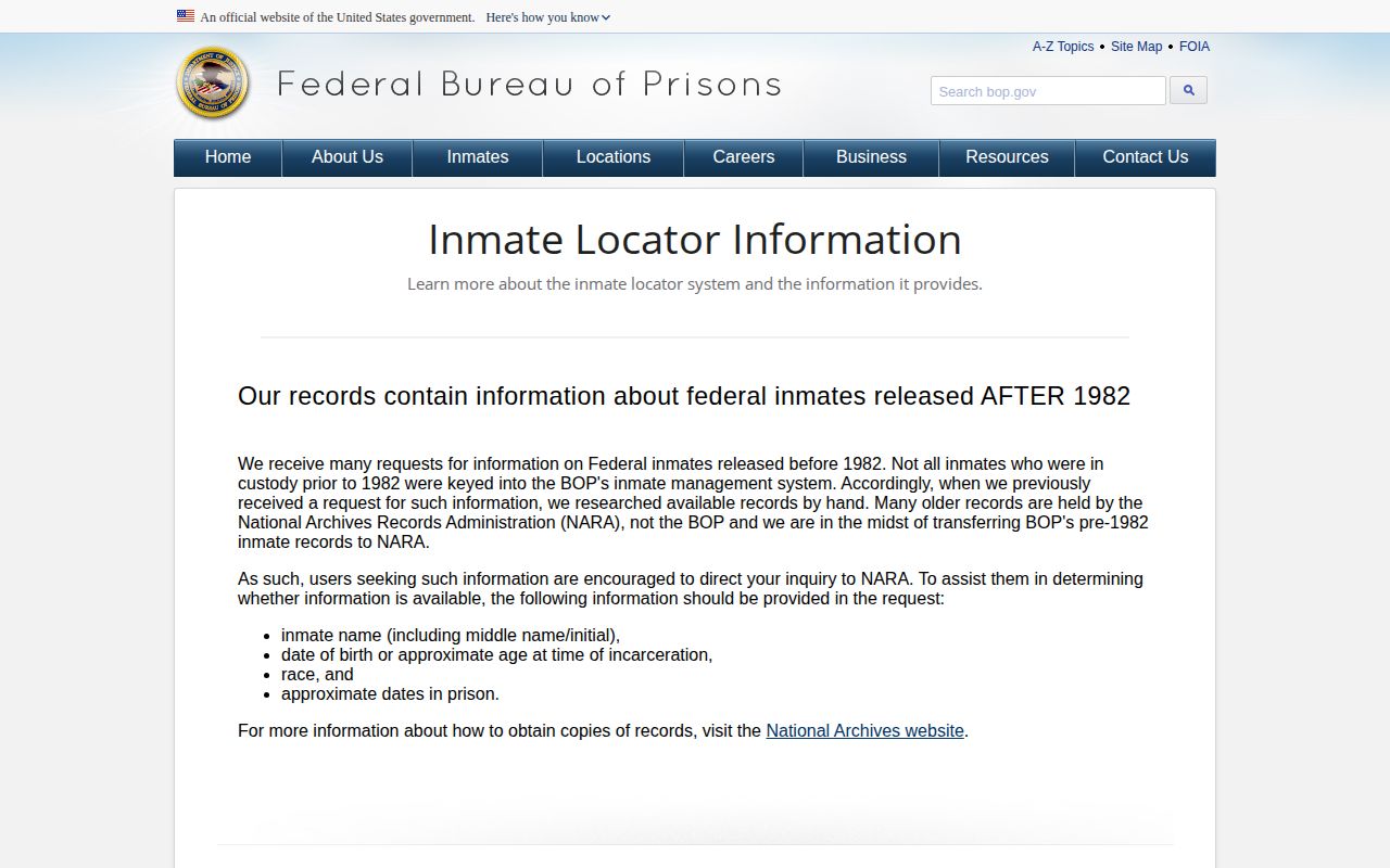 BOP explanation of federal inmate release records and locator status