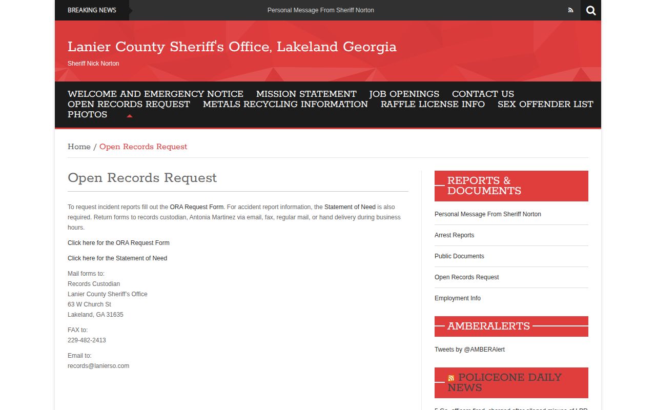 Lanier County released inmate mugshot open records request page