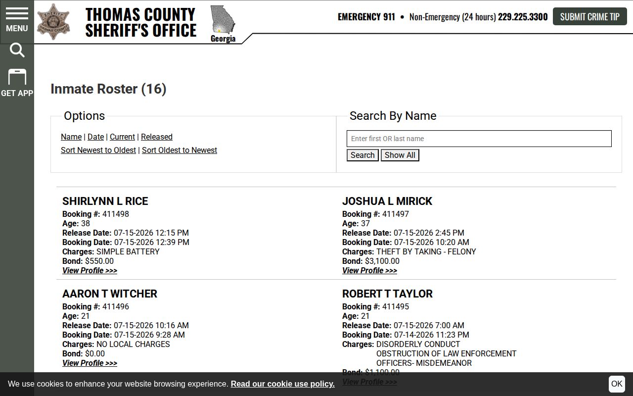 Thomas County Sheriff released roster sorted by release time