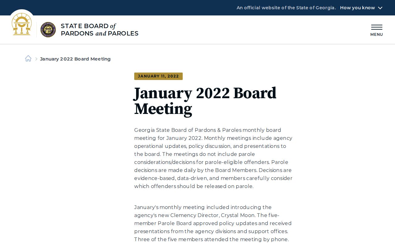 Georgia Board page stating parole decisions are made daily