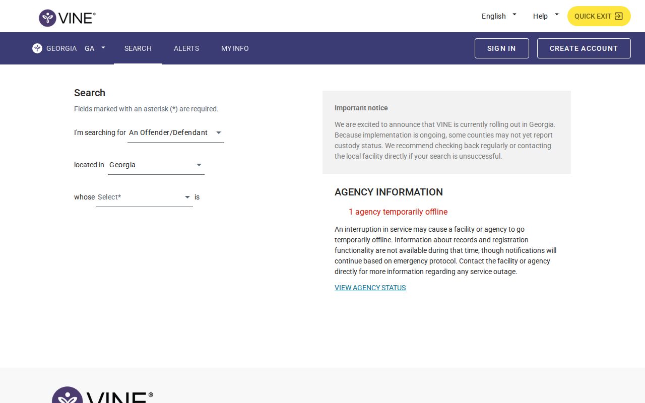Georgia VINELink specific-person search screen